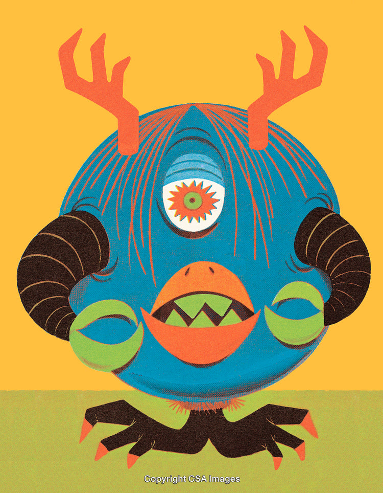 Colorful Cartoon Monster with Antlers on a Yellow Background