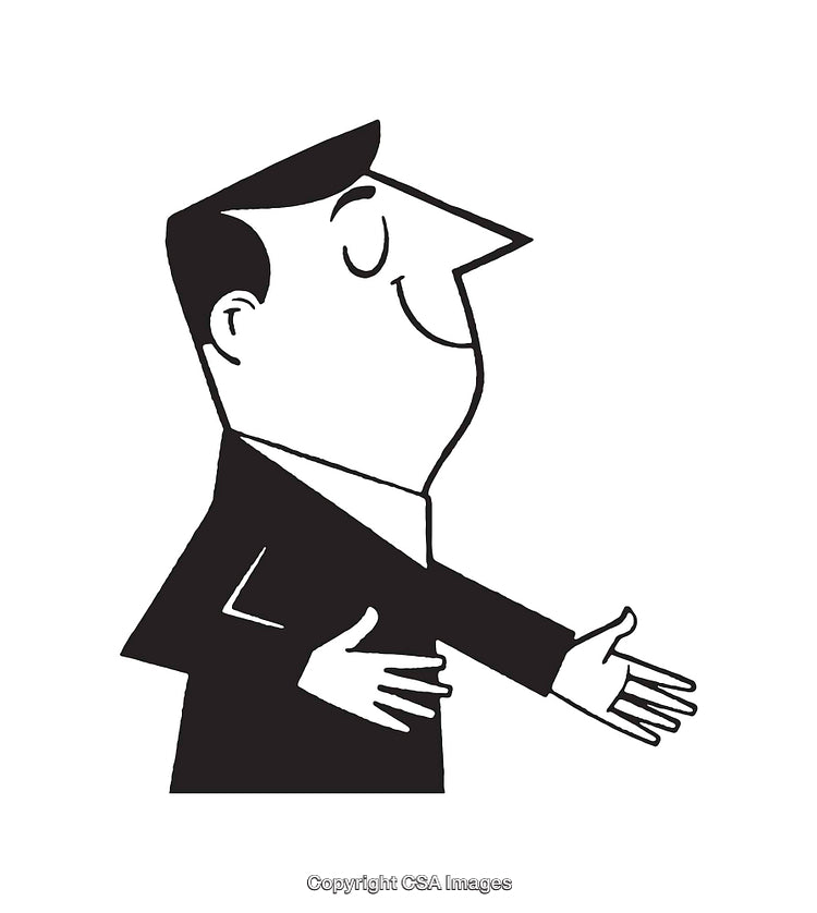 Retro Black and White Line Art Man Extending Friendly Handshake