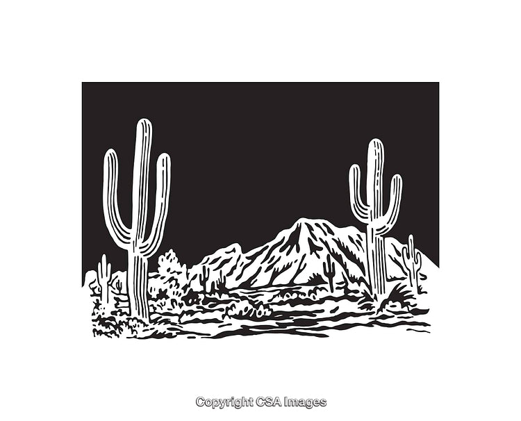 Black and White Desert Scene with Cactus and Mountain Clipart Artwork