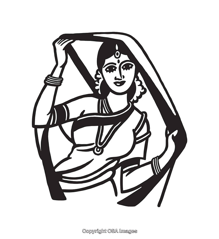 Traditional Black and White Line Art of a Woman in Traditional Attire