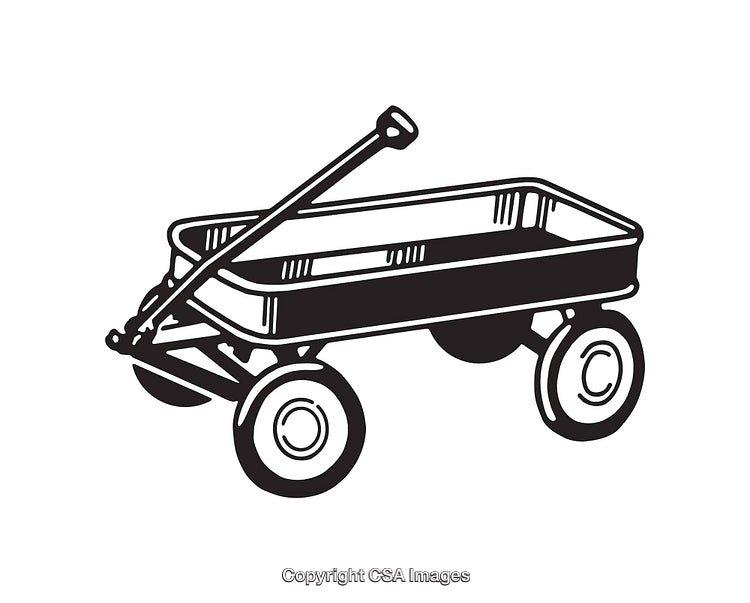 Black and White Line Art of a Vintage Pull Wagon