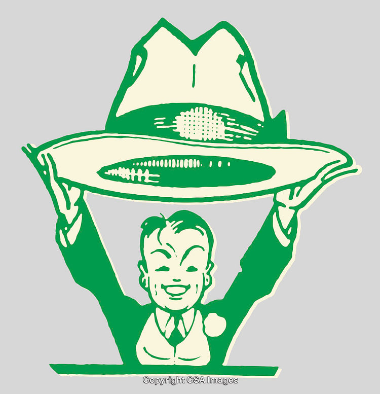 Retro Styled Line Art of a Cheerful Individual Holding a Cowboy Hat