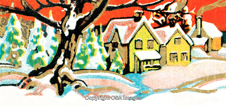 Vintage Illustration of a Winter Village at Sunset with Snow-Covered Trees