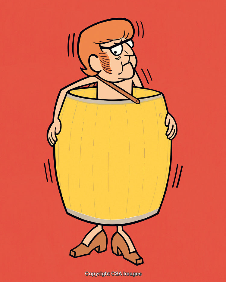 Cartoon Character Standing in a Barrel With an Amusing Expression