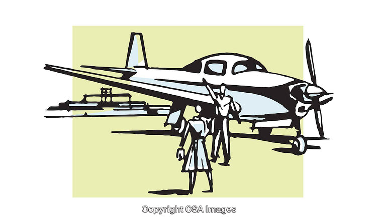 Retro Style Illustration of Aircraft With People in Airport Scene