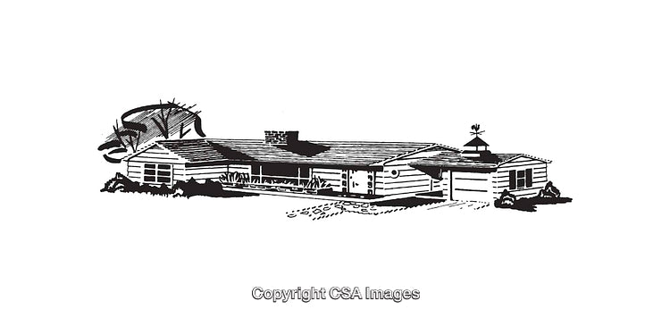Detailed Black and White Line Art of a Modern Ranch-Style House