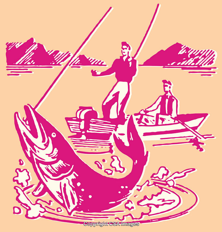 Vintage Line Art of Fishermen Catching a Large Fish on a Boat