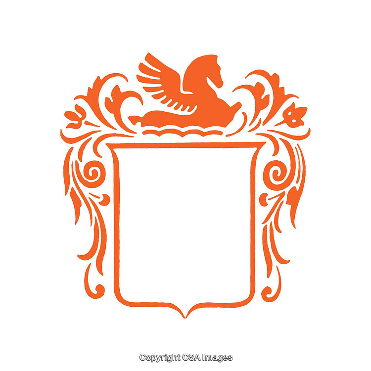 Elegant Orange Heraldic Shield Design With Horse Motif and Ornamental Details