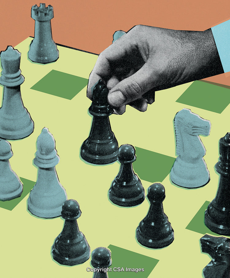 Hand Moving Chess Piece in Stylized Chessboard Scene