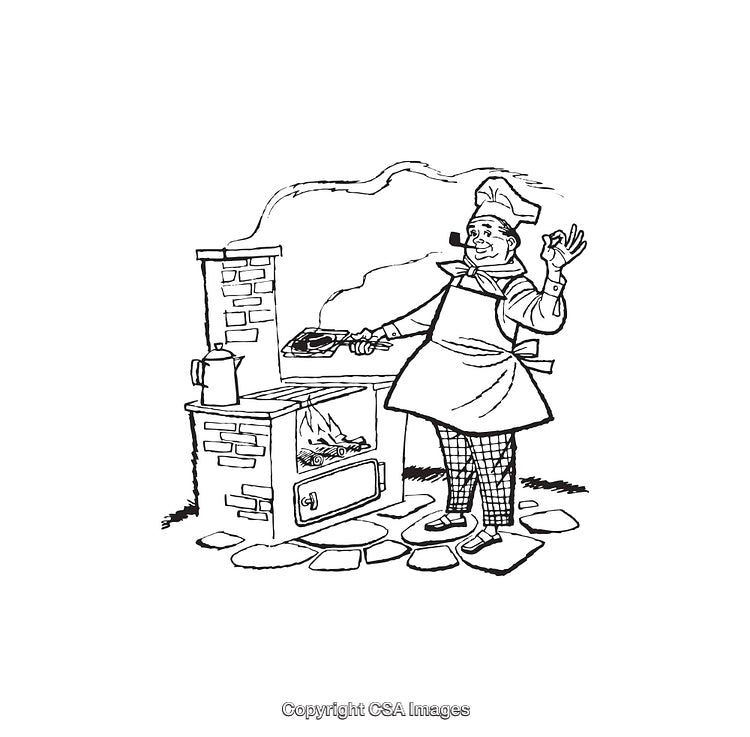 Chef Cooking on a Rustic Brick Stove in Line Art Illustration