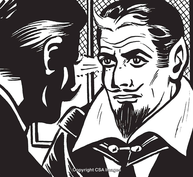 Black and White Illustration of Two Vintage Styled Men in Conversation