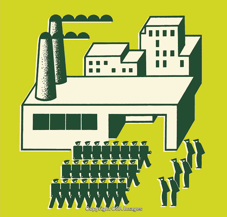 Illustration of Factory Workforce Marching in Organized Groups Outside Industrial Building