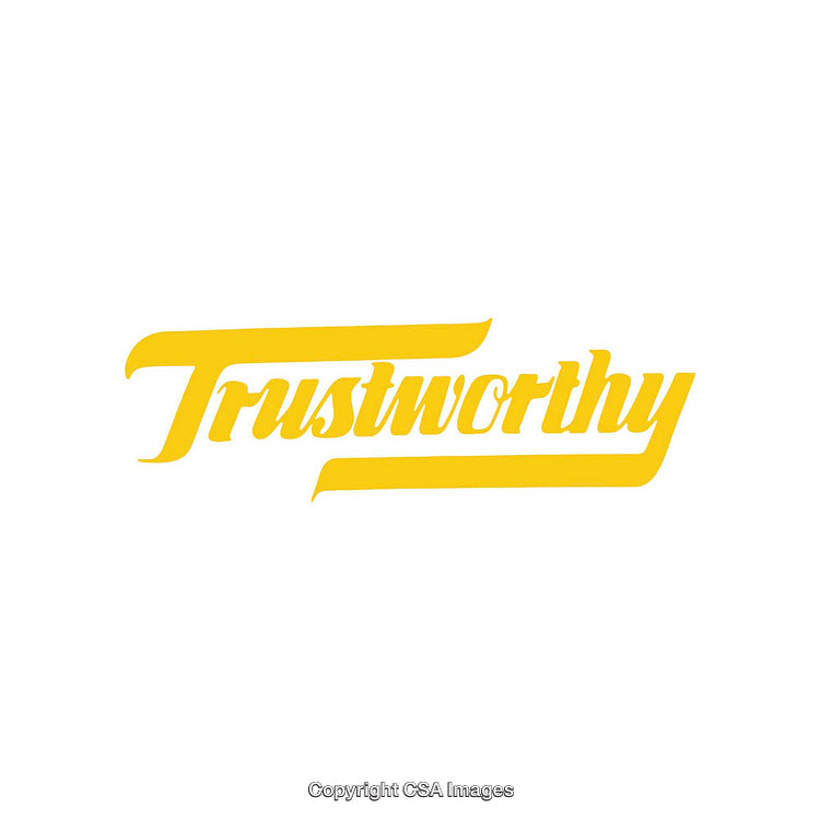 Cursive Yellow Text Reading 'Trustworthy' on a Clean White Background