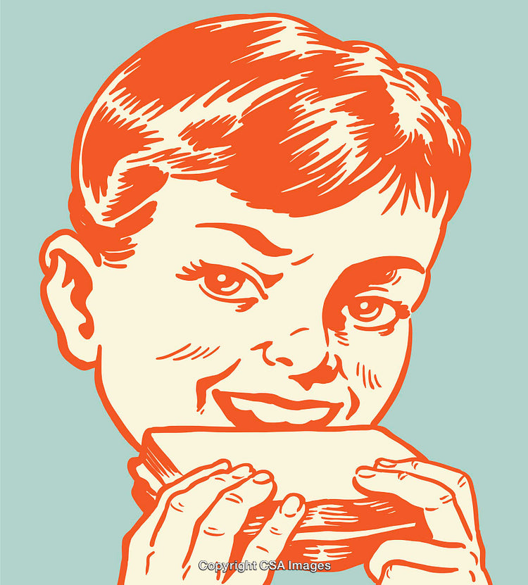 Retro Styled Line Art of a Happy Boy Eating a Sandwich