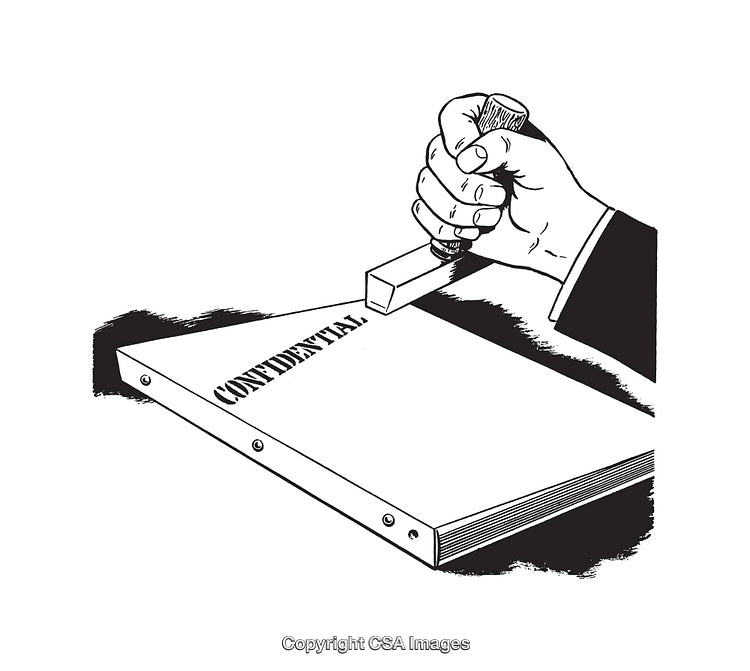 Black And White Illustration of Confidential Document Being Stamped