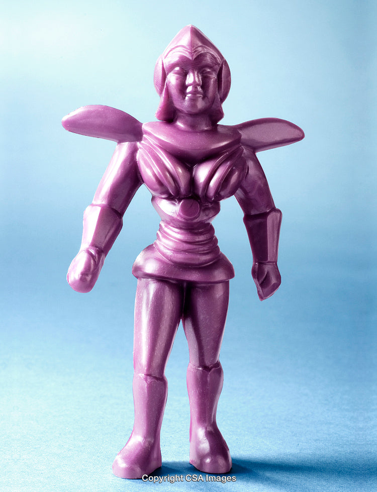 Purple Robot-Like Toy Figurine on a Light Blue Background