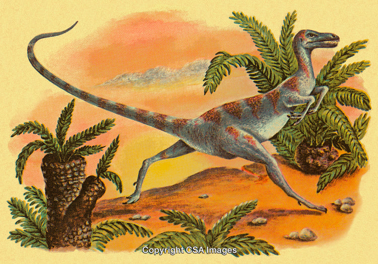 Colorful Prehistoric Scene Featuring a Leaping Dinosaur and Lush Plants