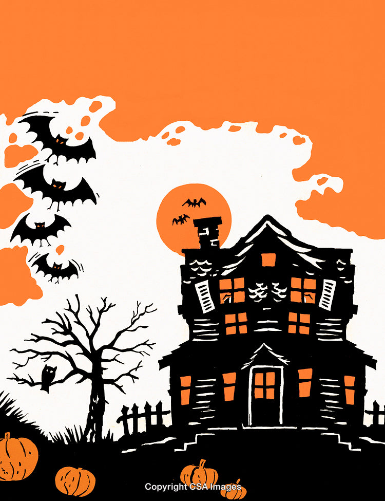 Spooky Halloween Scene with Haunted House and Flying Bats at Night