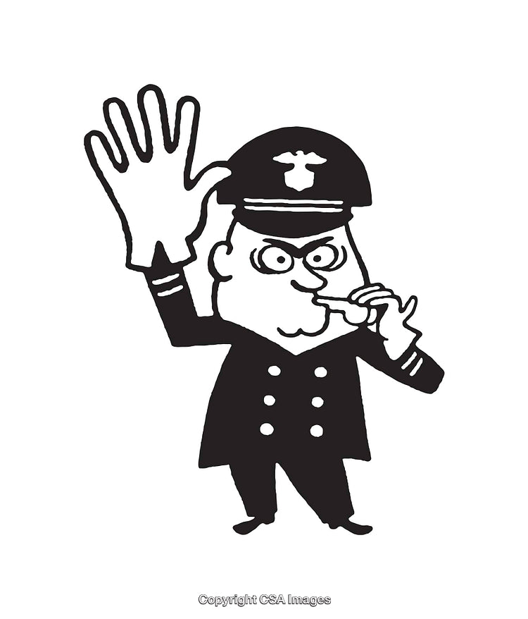 Black and White Cartoon Illustration of Whistle-Blowing Police Officer