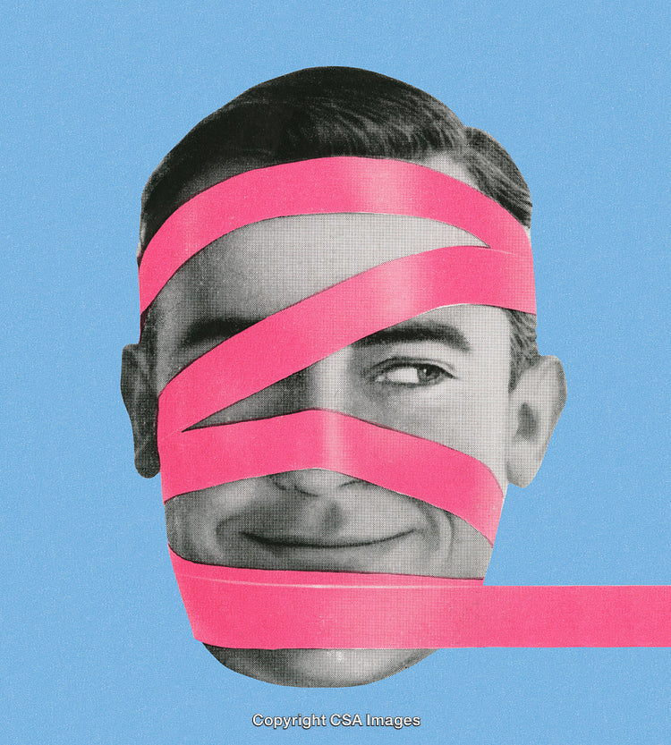 Surreal Artwork of a Man's Face with Hot Pink Ribbons
