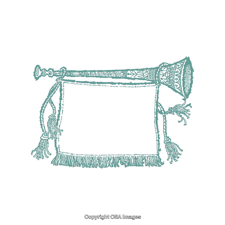 Ornate Vintage Trumpet Design with Decorative Banner and Tassels