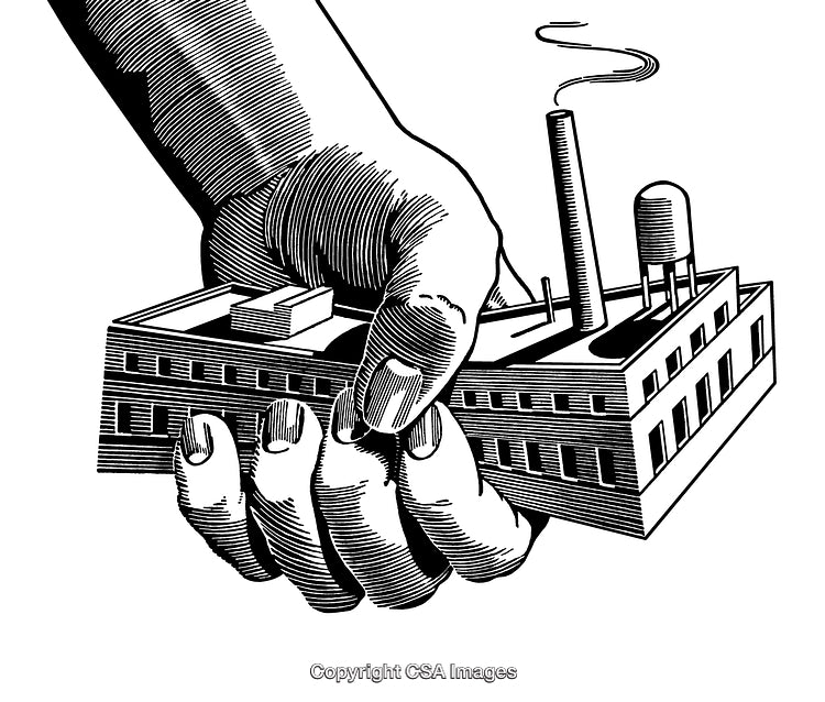 Engraved Hand Holding a Factory Symbolizing Control and Power Over Industry