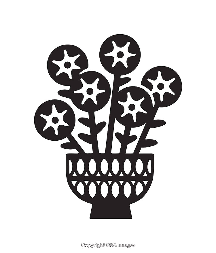 Black and White Floral Line Art of Flowers in Intricate Vase