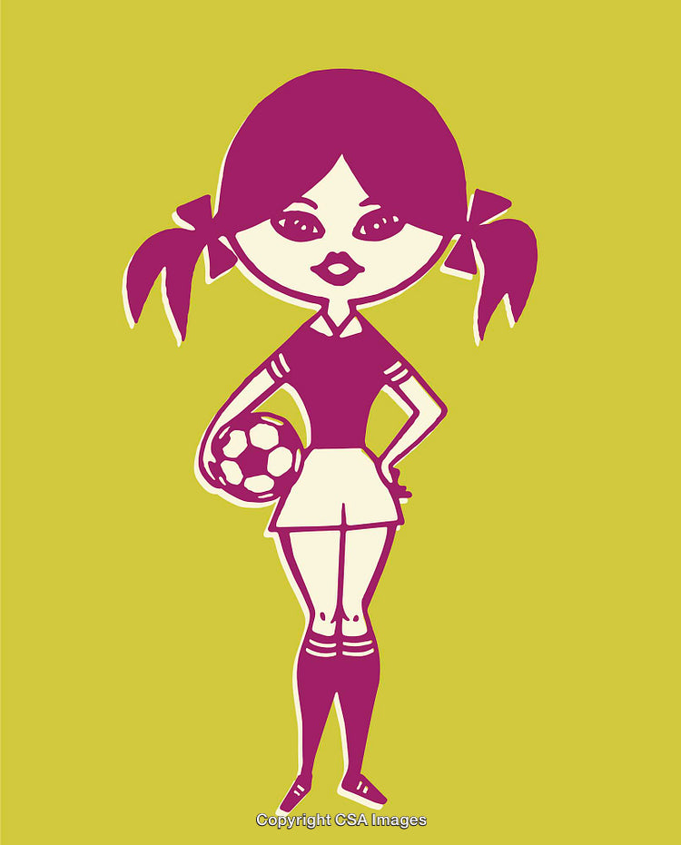 Stylized Illustration of a Female Soccer Player in Action on Bright Background
