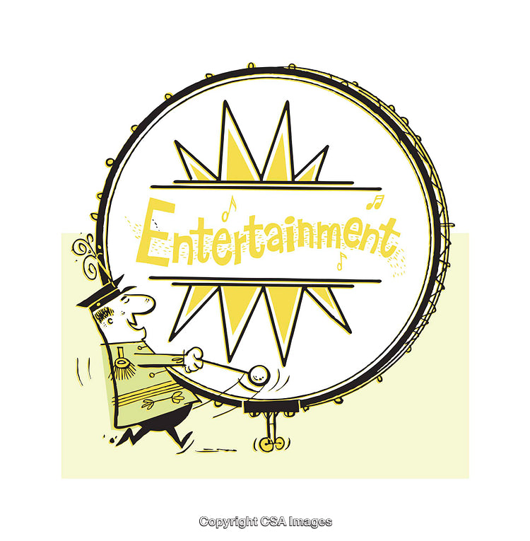 Colorful Illustration of Entertainment Drum with Funny Cartoon Trombonist