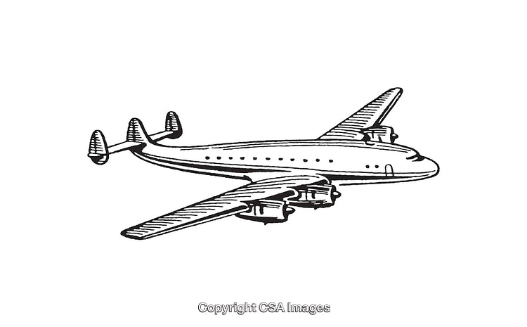 Retro Line Art Illustration of a Four-Engine Airplane in Black and White