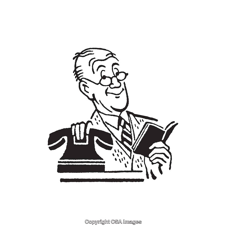 Vintage Line Art of Businessman Holding Telephone and Open Book
