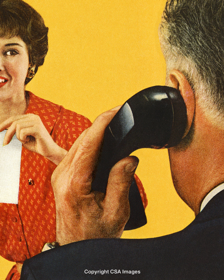Vintage Illustration Depicting a Telephone Conversation with Bright Yellow Background