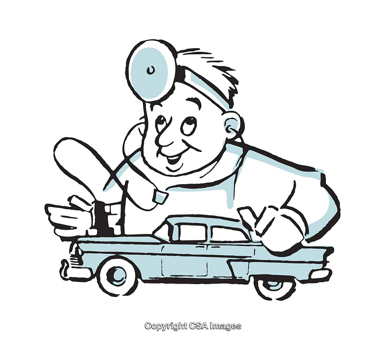 Illustration of a Doctor Figure Examining a Vintage Car