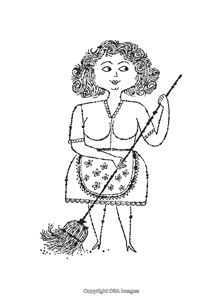 Hand-Drawn Woman Sweeping Floor in Line Art Illustration