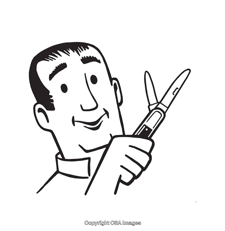 Illustration of Smiling Man Holding Scissors in Black and White Line Art