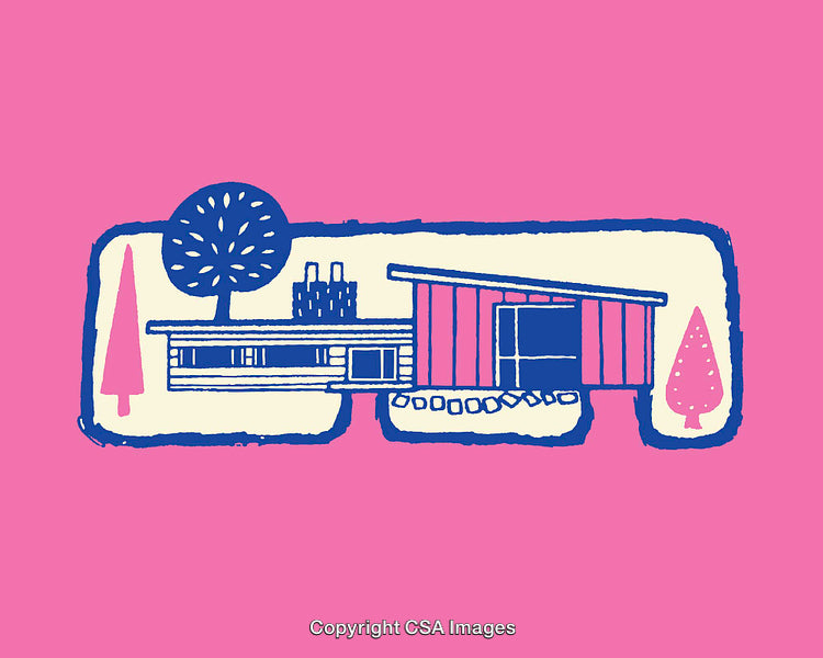 Mid-Century Modern House Illustration with Trees and Pink Background