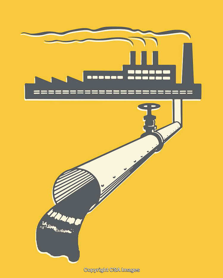 Industrial Factory Illustration with Pipe and Pollution Emission on Yellow Background