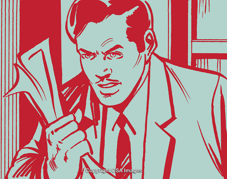 Bold Red Artistic Sketch of a Retro Businessman Holding Paperwork