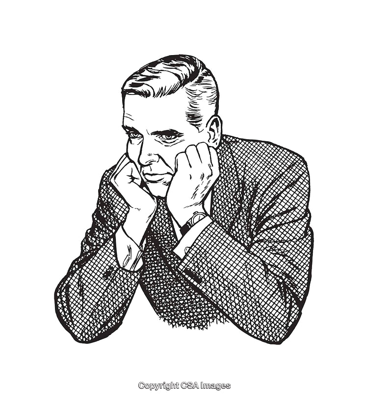 Pensive Man in Suit Illustration with Retro Black Line Art Style