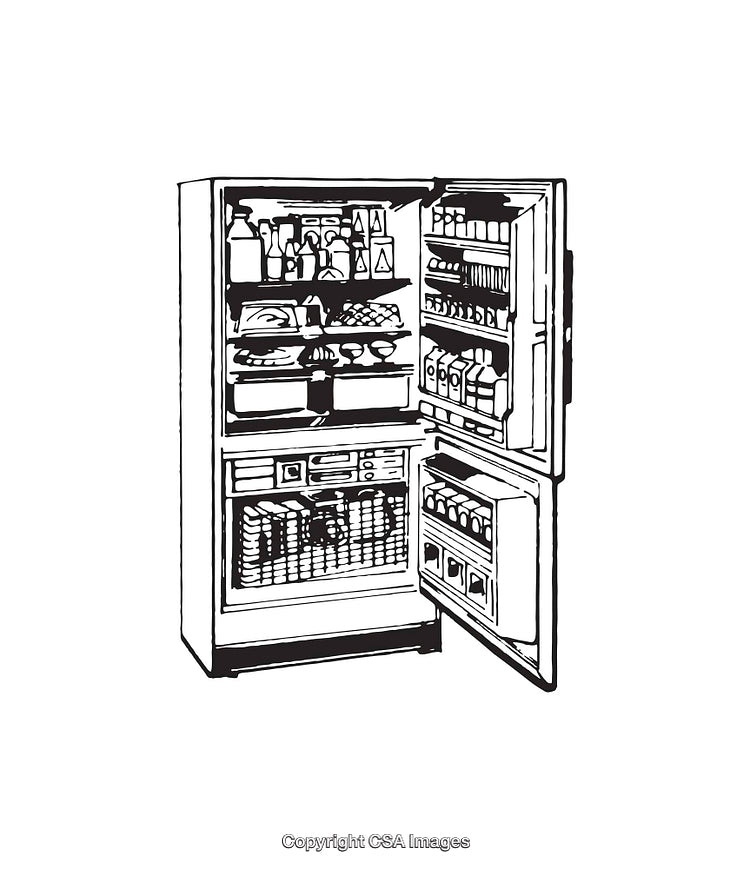 Black and White Line Art of Fully Stocked Open Refrigerator
