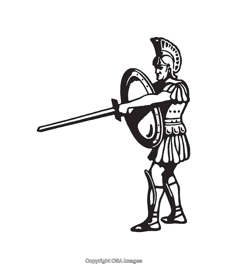 Black and White Illustration of an Ancient Warrior with Spear and Shield