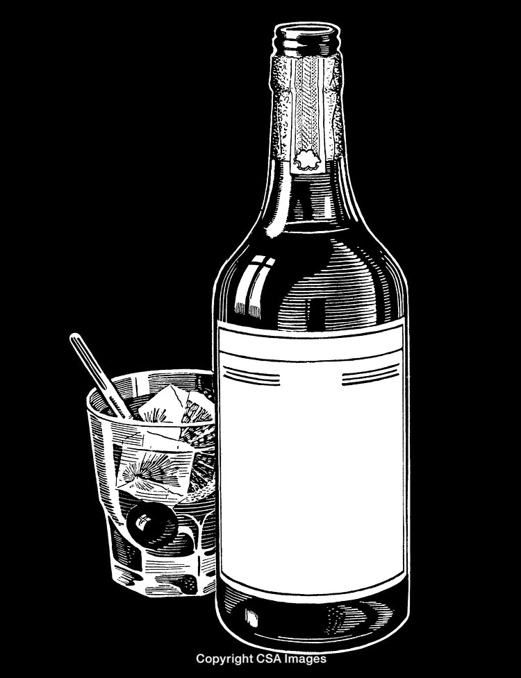 Black and White Bottled Beverage and Cocktail Engraving Artwork