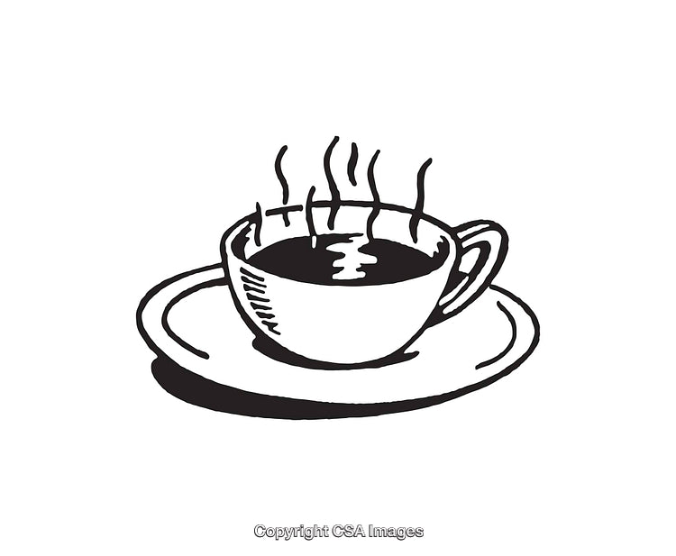 Stylized Illustration of a Steaming Hot Coffee Cup on a Saucer