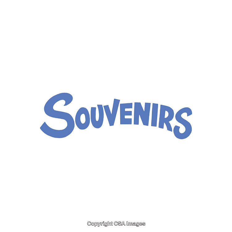 Blue Text Logo Featuring the Word Souvenirs in Curved Typography