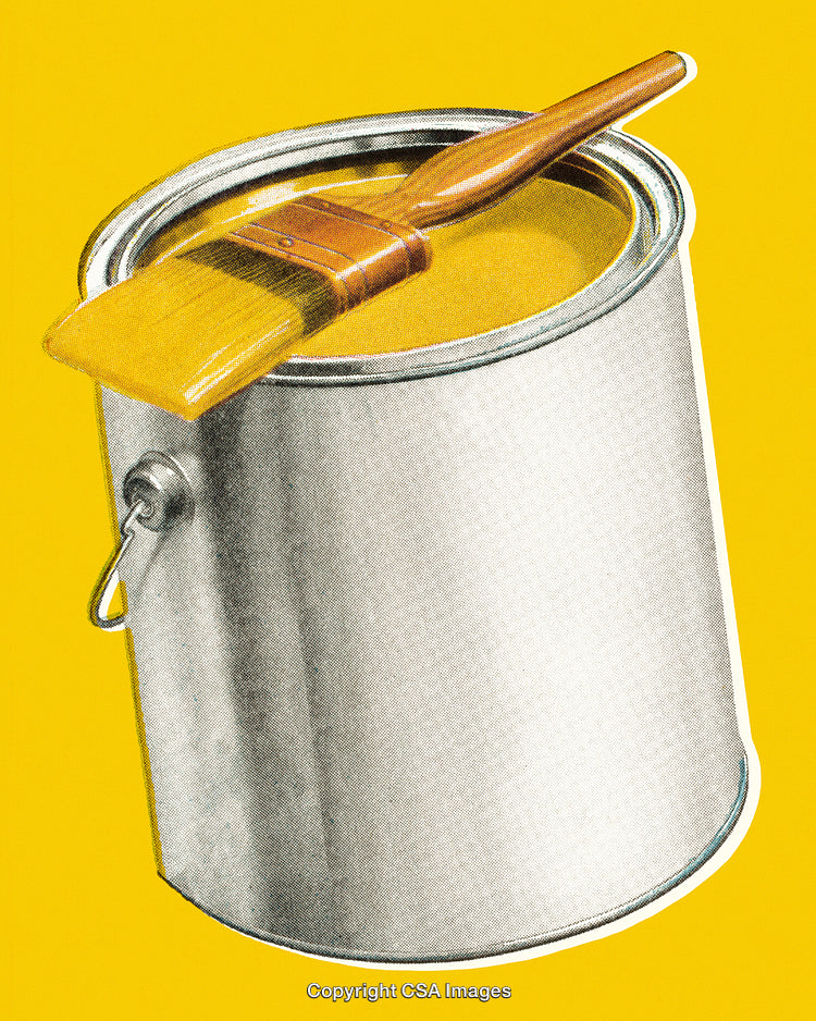 Paint Bucket With Brush Against a Yellow Background, Ideal for Painting and DIY Projects