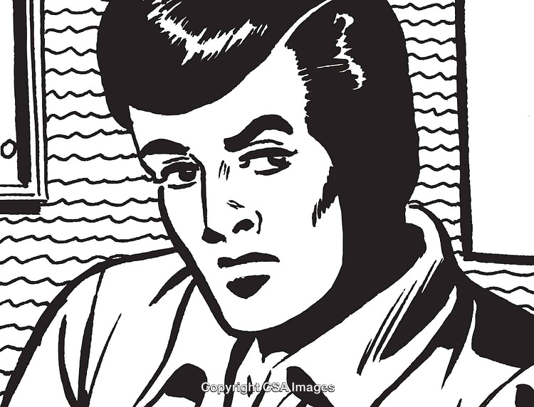 Retro Comic Style Illustration of a Thoughtful Man in Black and White