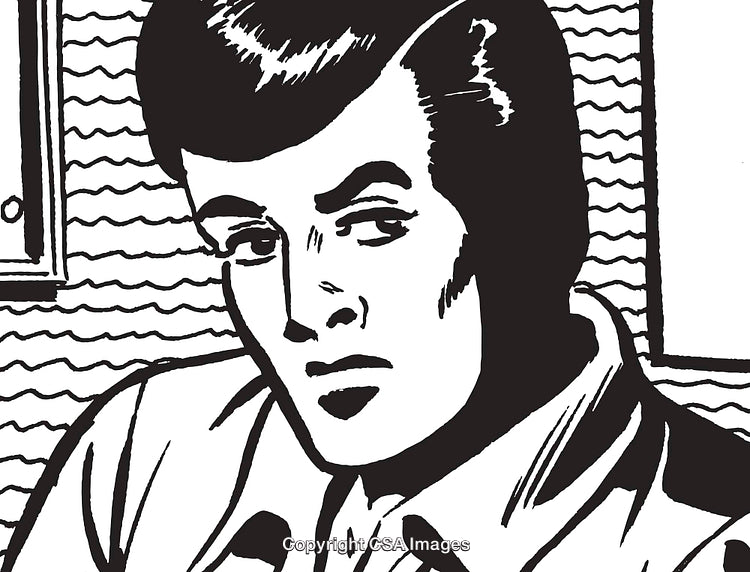 Retro Comic Style Illustration of a Thoughtful Man in Black and White