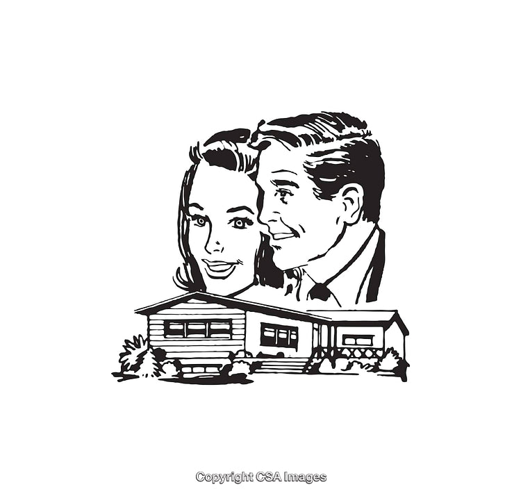 Vintage Line Art of Smiling Couple and Suburban Home