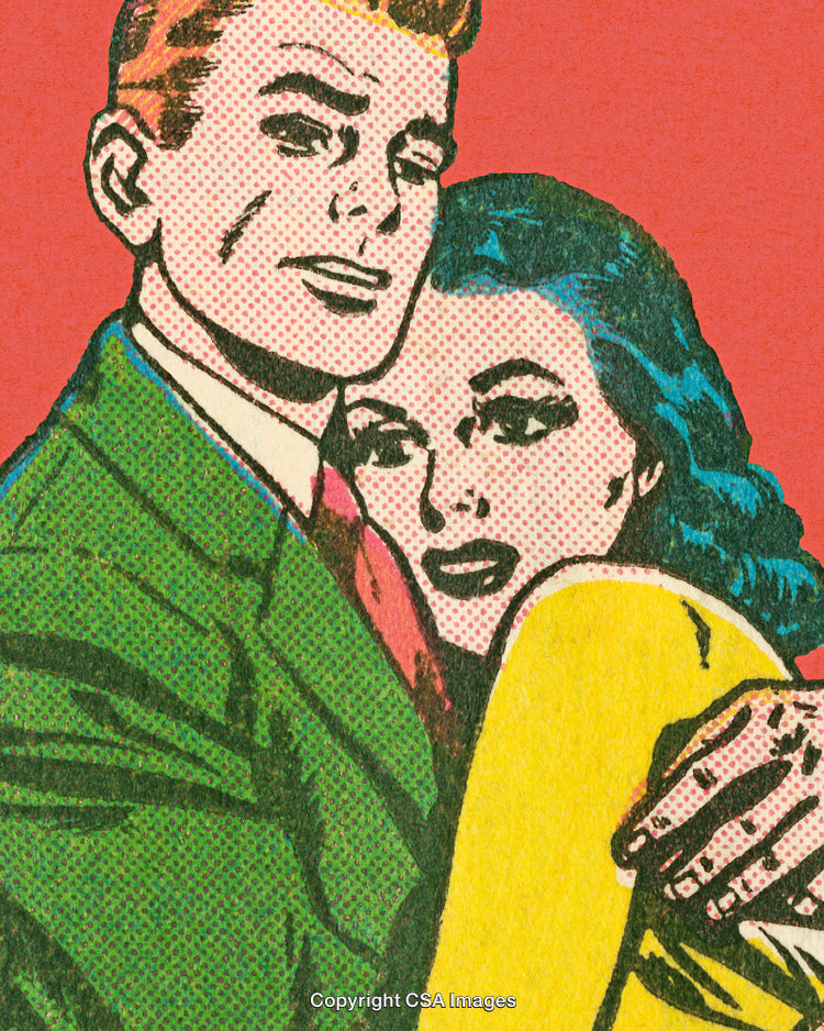Vintage Comic-Style Illustration Depicting a Romantic Couple on Pink Background