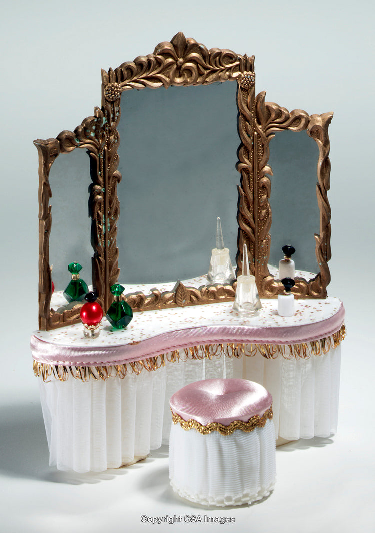 Elegant Miniature Vanity Set with Mirror and Decorative Perfume Bottles
